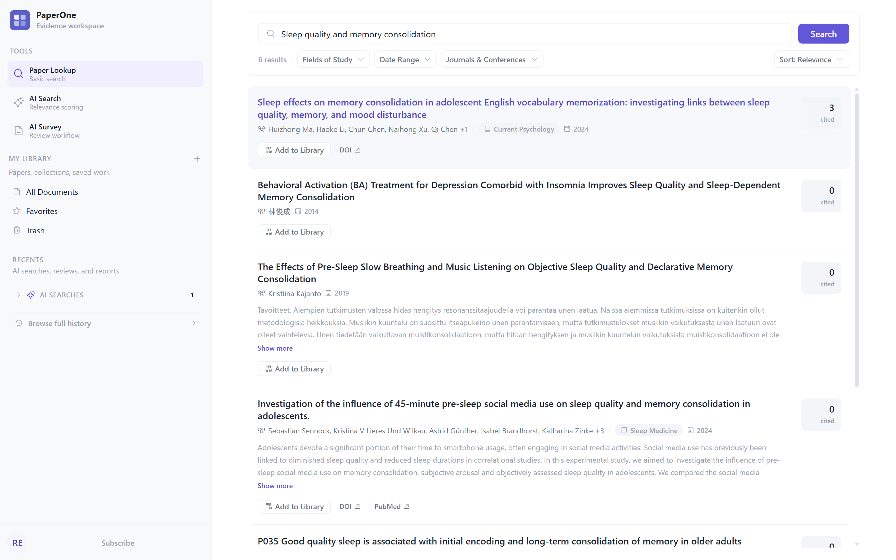 PaperOne Paper Lookup results for a sleep and memory query, with field, date, and venue filters, bibliographic records, and citation counts